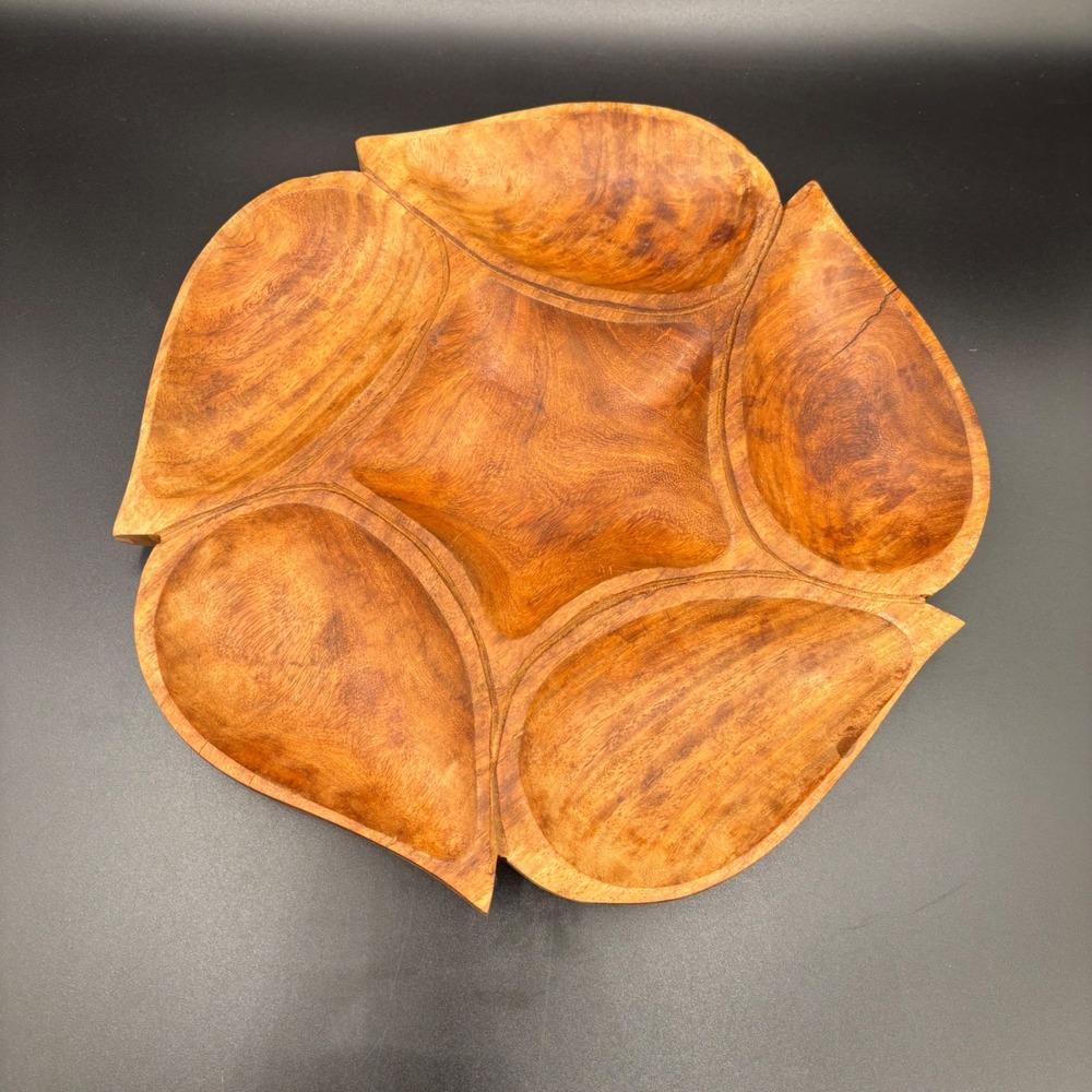 Monkey Pod Bowl Tray Leaves Wood Large Brown MCM 11"x11"x2"